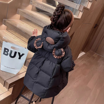 Geacă de fetițe cu glugă, din bumbac gros, lungime medie, primăvara 2025, țesătură cu tratament moale și căptușeală din vinilon