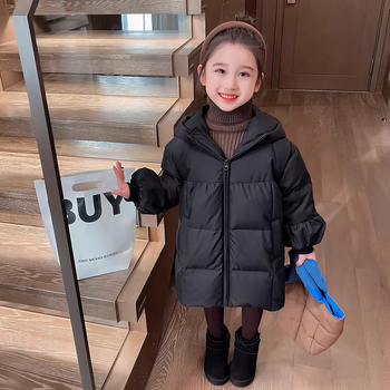 Geacă de fetițe cu glugă, din bumbac gros, lungime medie, primăvara 2025, țesătură cu tratament moale și căptușeală din vinilon