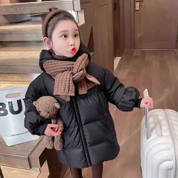 Geacă de fetițe cu glugă, din bumbac gros, lungime medie, primăvara 2025, țesătură cu tratament moale și căptușeală din vinilon