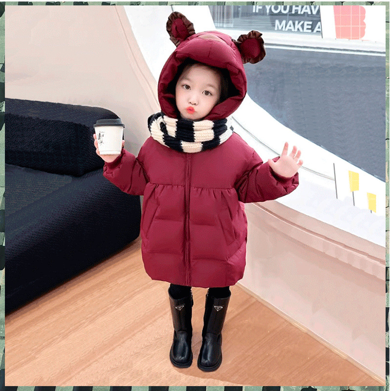 Geacă de fetițe cu glugă, din bumbac gros, lungime medie, primăvara 2025, țesătură cu tratament moale și căptușeală din vinilon