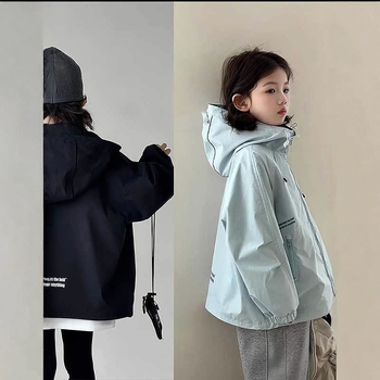 Jachetă pentru copii cu glugă de toamnă, lungime medie, exterior poliester, căptușeală poliester, închidere cu fermoar, culoare uni, pentru copii peste 8 ani