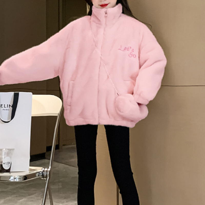 Jachetă de iarnă pentru fete, umplutură din puf și bumbac, model în carouri, căptușeală groasă din lână, guler rotund, mâneci lungi, croială scurtă