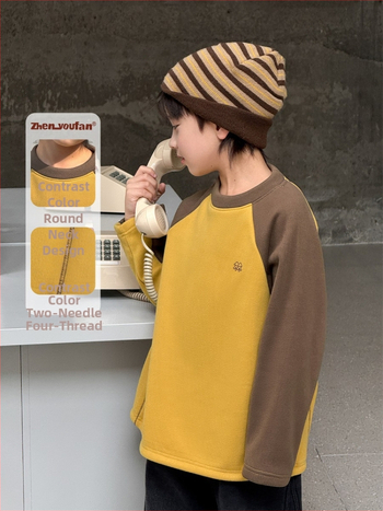 Tricou termic de bază pentru băieți, țesătură Derong, mâneci lungi, guler rotund, iarnă 2025, căldură groasă, 95,9% poliester, 4,1% spandex