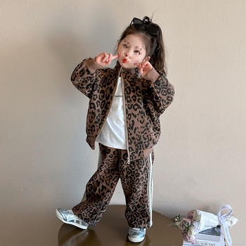 Dječji dvodijelni set s leopard printom, jesenski pamučni kaput sa zipom i top, korejski stil