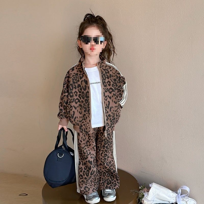 Dječji dvodijelni set s leopard printom, jesenski pamučni kaput sa zipom i top, korejski stil