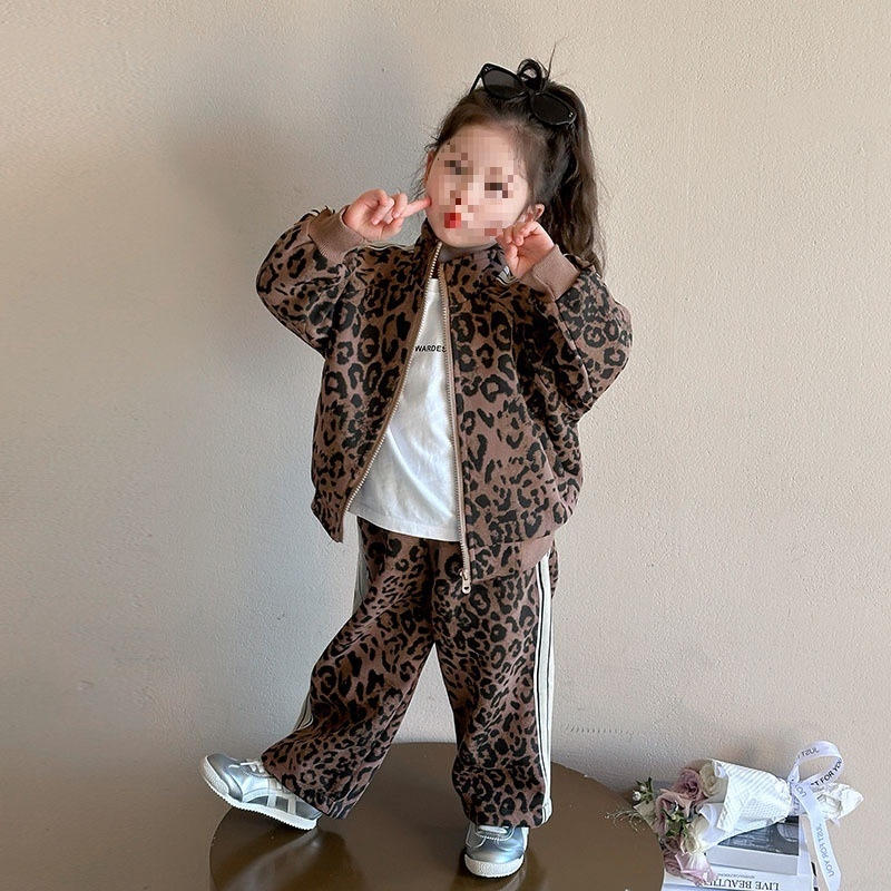 Dječji dvodijelni set s leopard printom, jesenski pamučni kaput sa zipom i top, korejski stil
