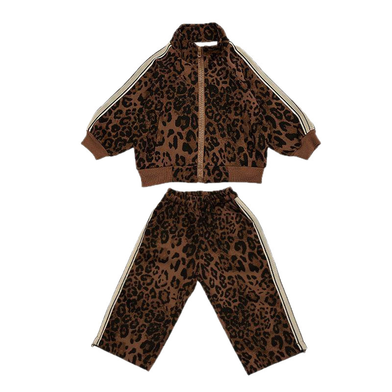 Dječji dvodijelni set s leopard printom, jesenski pamučni kaput sa zipom i top, korejski stil