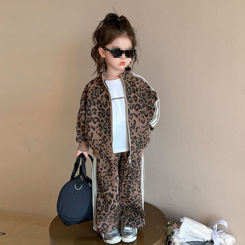 Dječji dvodijelni set s leopard printom, jesenski pamučni kaput sa zipom i top, korejski stil