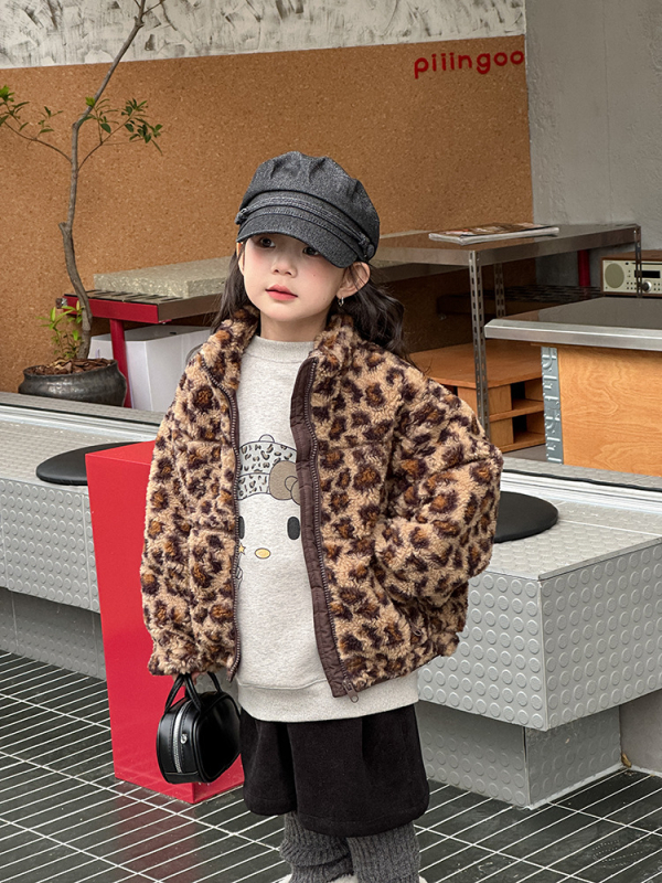 Dječji zimski kaput za djevojčice s leopard uzorkom, sa stojećim ovratnikom