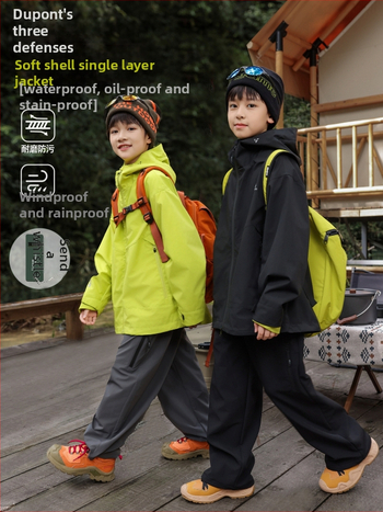 Bērnu DuPont soft shell jaka ar kapuci, divu daļu komplekts, ūdensizturība 8000 mm, elpojoša