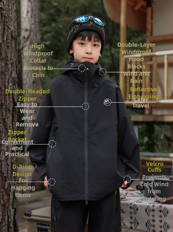 Bērnu DuPont soft shell jaka ar kapuci, divu daļu komplekts, ūdensizturība 8000 mm, elpojoša