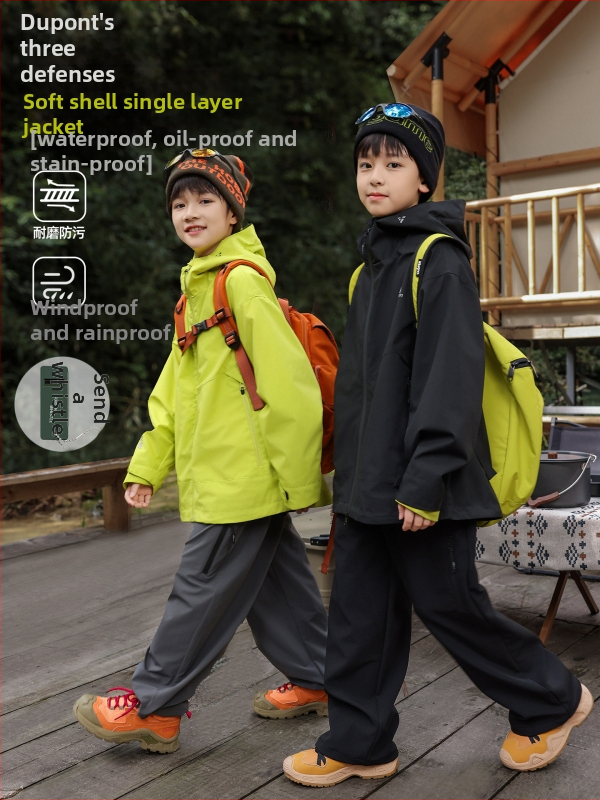 Bērnu DuPont soft shell jaka ar kapuci, divu daļu komplekts, ūdensizturība 8000 mm, elpojoša