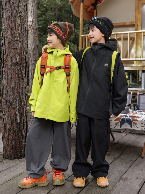 Bērnu DuPont soft shell jaka ar kapuci, divu daļu komplekts, ūdensizturība 8000 mm, elpojoša