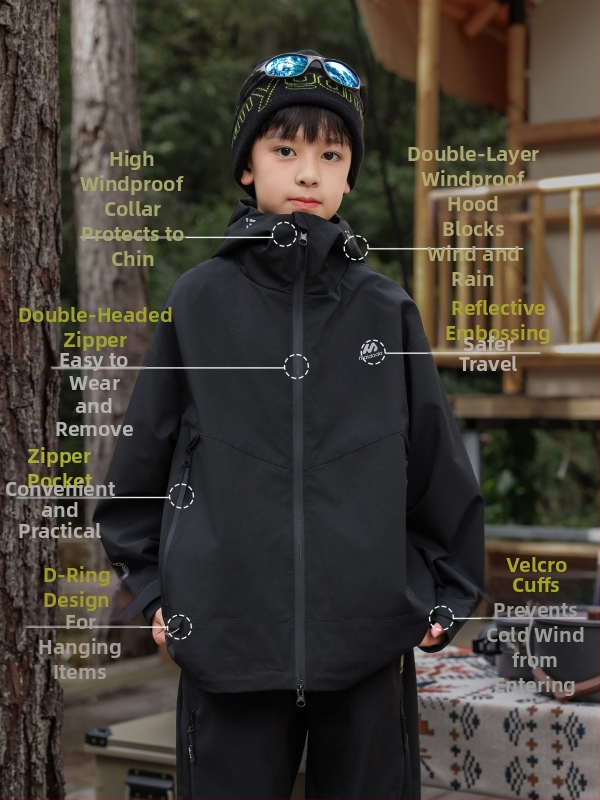 Bērnu DuPont soft shell jaka ar kapuci, divu daļu komplekts, ūdensizturība 8000 mm, elpojoša