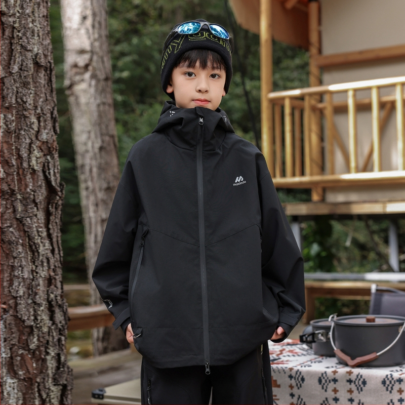 Bērnu DuPont soft shell jaka ar kapuci, divu daļu komplekts, ūdensizturība 8000 mm, elpojoša