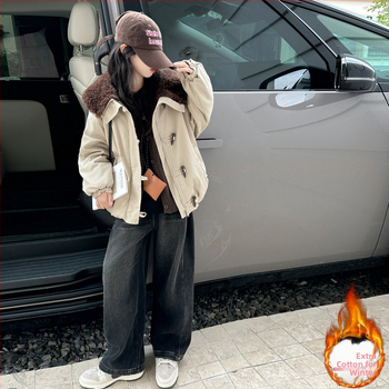 Palton gros de iarnă pentru fetițe, stil coreean, fără curea, închidere cu fermoar, guler rever, lungime scurtă