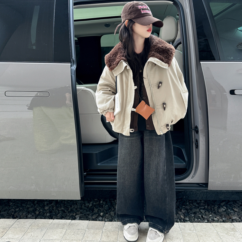 Palton gros de iarnă pentru fetițe, stil coreean, fără curea, închidere cu fermoar, guler rever, lungime scurtă