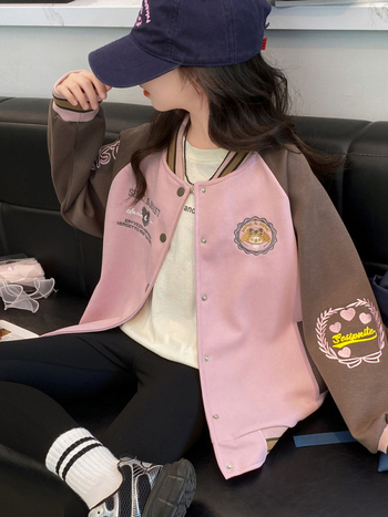 Geacă baseball pentru fete, toamnă 2025, stil coreean, guler înălțat, din bumbac cu căptușeală poliesterică