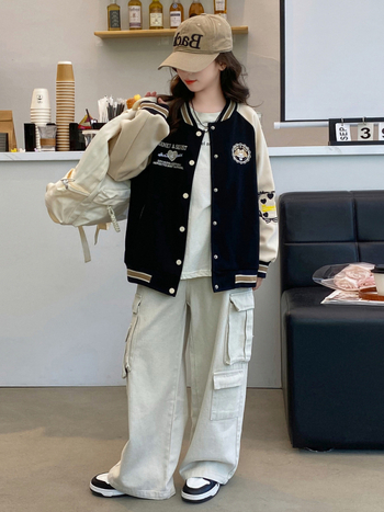 Geacă baseball pentru fete, toamnă 2025, stil coreean, guler înălțat, din bumbac cu căptușeală poliesterică