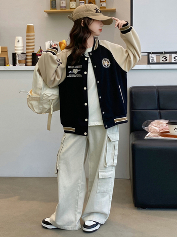 Geacă baseball pentru fete, toamnă 2025, stil coreean, guler înălțat, din bumbac cu căptușeală poliesterică