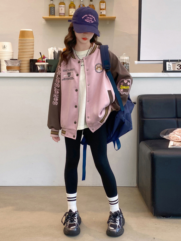 Geacă baseball pentru fete, toamnă 2025, stil coreean, guler înălțat, din bumbac cu căptușeală poliesterică