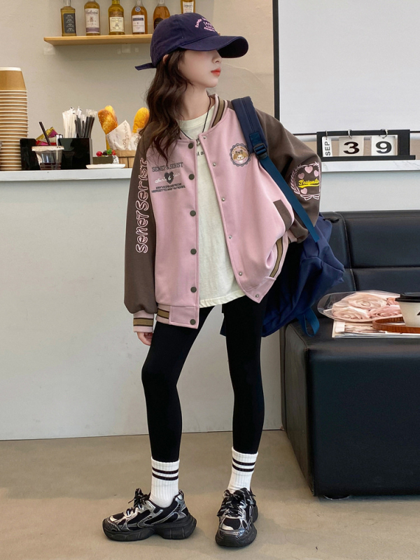 Geacă baseball pentru fete, toamnă 2025, stil coreean, guler înălțat, din bumbac cu căptușeală poliesterică