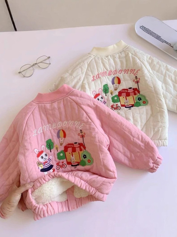 Jachetă de iarnă pentru copii, stil coreean, căptușită cu fleece, închidere cu fermoar, fără glugă, pentru fete 3-8 ani