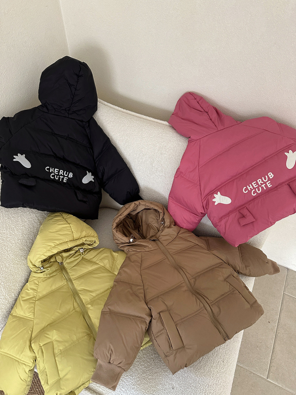 Geacă de iarnă pentru copii, cu glugă fixă, exterior nylon, căptușeală poliester, fermoar, imprimeu desen animat