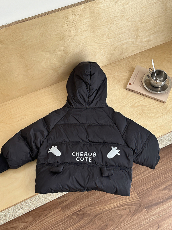 Geacă de iarnă pentru copii, cu glugă fixă, exterior nylon, căptușeală poliester, fermoar, imprimeu desen animat