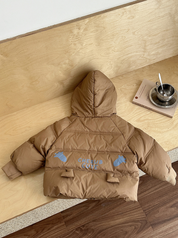 Geacă de iarnă pentru copii, cu glugă fixă, exterior nylon, căptușeală poliester, fermoar, imprimeu desen animat