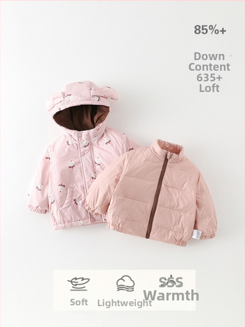 Dievčenská 3-v-jej jedine páperová bunda s kapucňou, pre deti 1–3 roky, výplň z bieleho kačacieho páperia, vonkajšia časť nylon, podšívka polyester