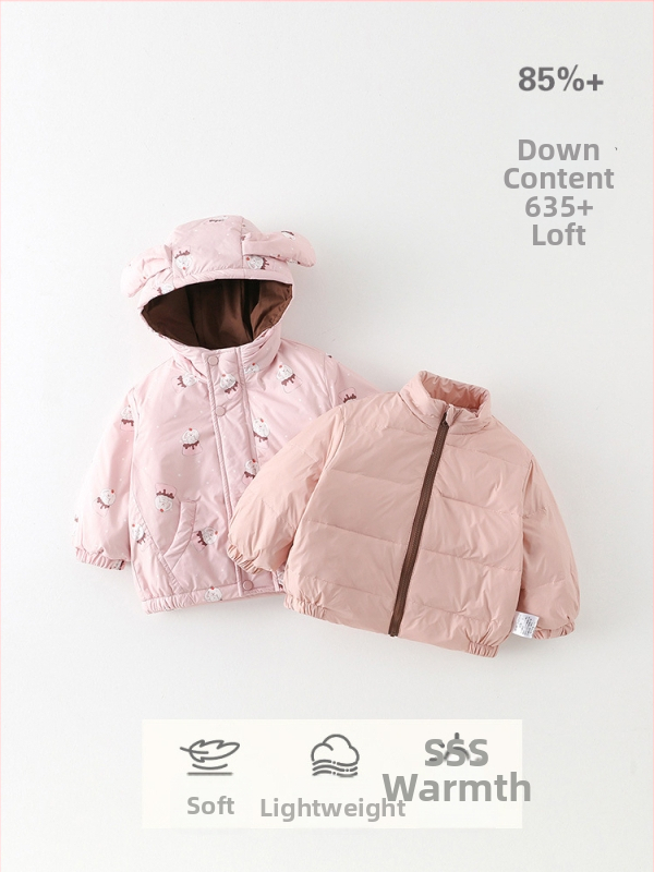 Dievčenská 3-v-jej jedine páperová bunda s kapucňou, pre deti 1–3 roky, výplň z bieleho kačacieho páperia, vonkajšia časť nylon, podšívka polyester