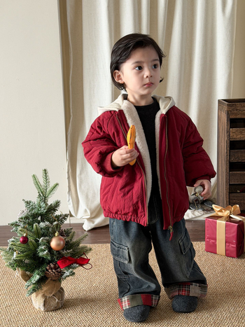 Inko dječja zimska jakna za dječake, koreanskog stila, kapuljača, debeli flis unutarnja podstava, vanjski materijal od pamuka, podstava od poliester