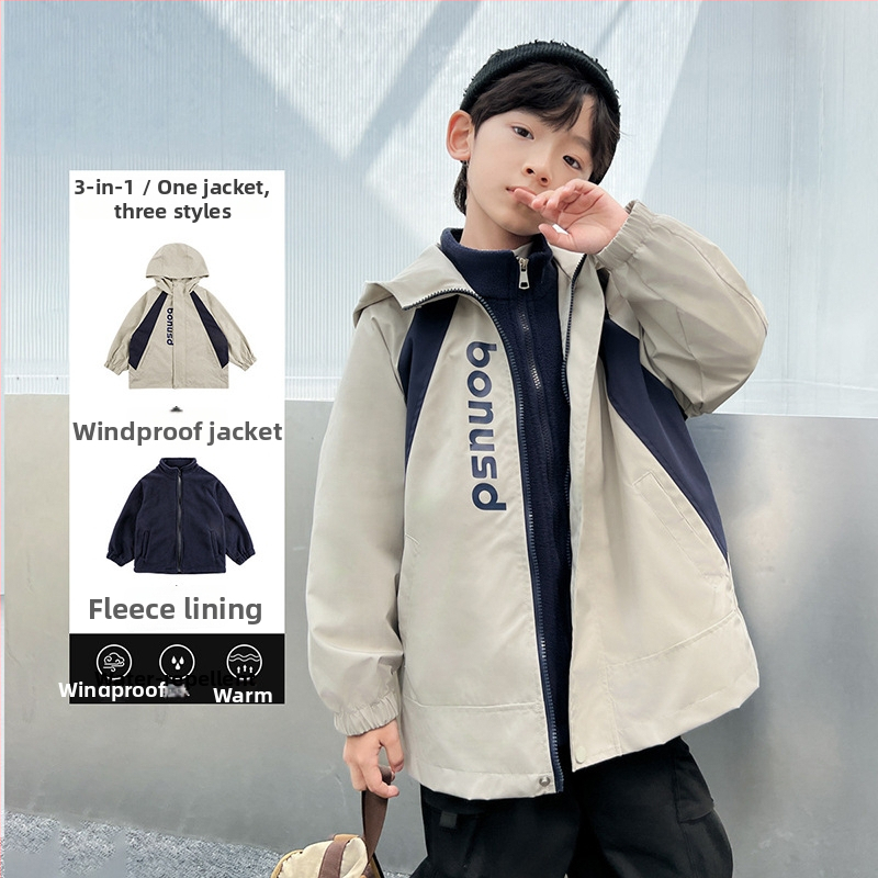 Bērnu kapuc jaka ar ūdensizturību un vēja aizsardzību — 3-1 divdaļīgs komplekts ar noņemamu oderi, poliesters