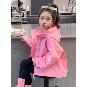 Dječja windbreaker jakna s kapuljačom, korejski stil, zatvarač, 100% poliester, srednja duljina (jesen)
