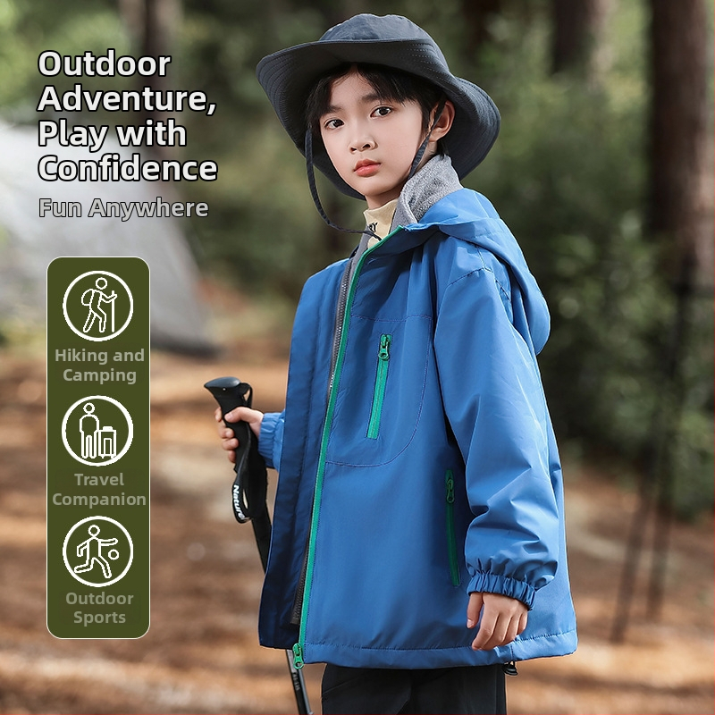 Bērnu jaka ar kapuci, vēja izturīga, ūdensnecaurlaidība 1500 mm, poliestera odere, divdaļīgs komplekts