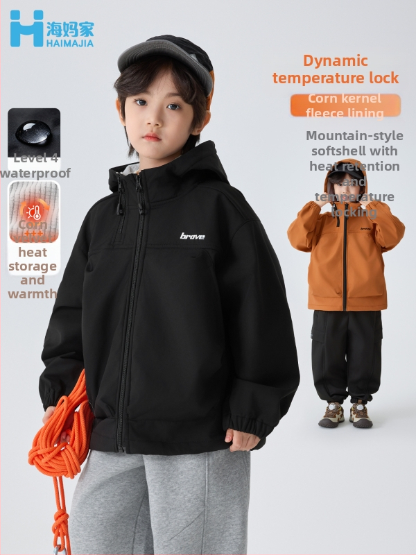 Bērnu zēnu kapucēta soft shell jaka, 100% poliesters, ūdensizturība 3000 mm, pilnīgi teipētas šuves, poliestera oderējums, vecums 7–12 gadi, rudens–ziema