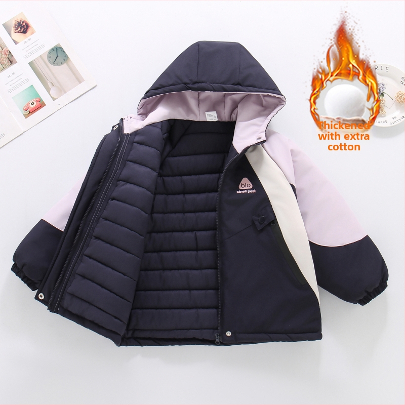 Meitenēm paredzēta kokvilnas pildīta kapucēta jaka, 7-12 gadi, poliestera audums, ūdensizturība 1000 mm