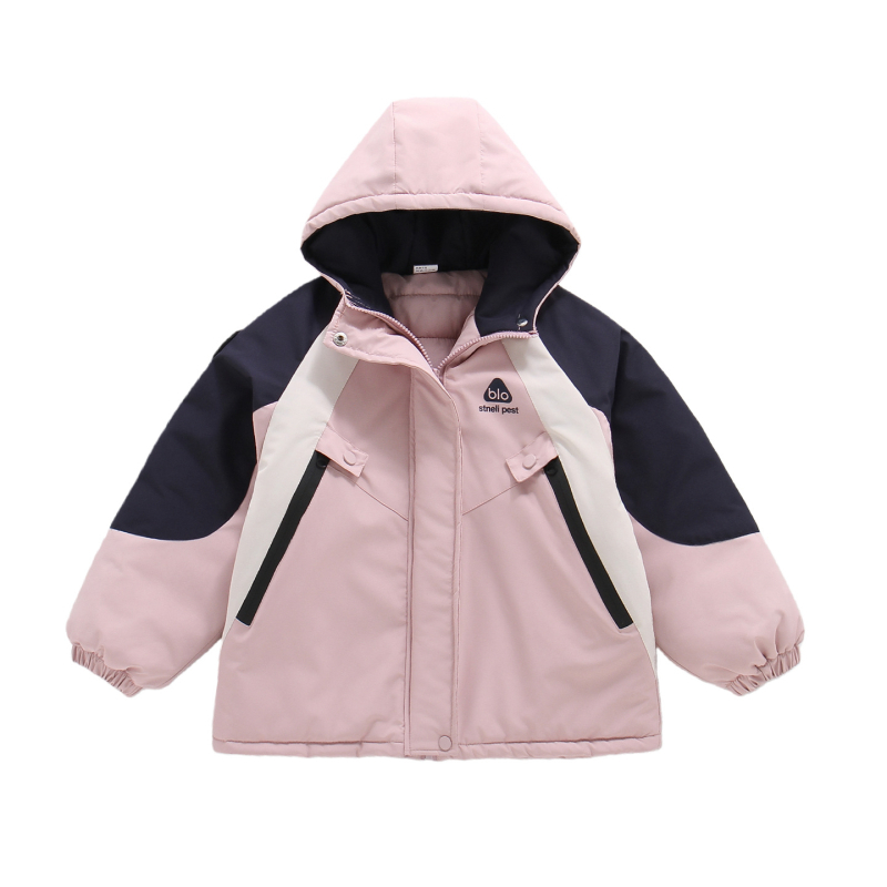 Meitenēm paredzēta kokvilnas pildīta kapucēta jaka, 7-12 gadi, poliestera audums, ūdensizturība 1000 mm