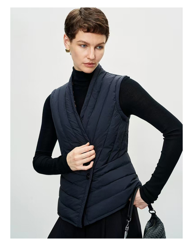 Ženski prsluk od gusjeg Downa, vanjski materijal Nylon, punjenje: gusje Down, sadržaj Down 91–95%, stil: elegantan za svakodnevno putovanje, normalna duljina
