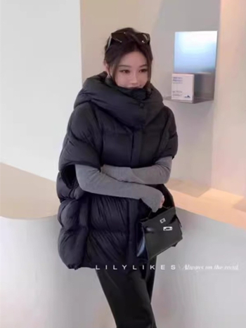 Moteriška pūkinė liemenė su stačiu kaklu ir užtrauktuku, elegantiškas miesto stilius, organinis medvilnės mišinys 50-70%