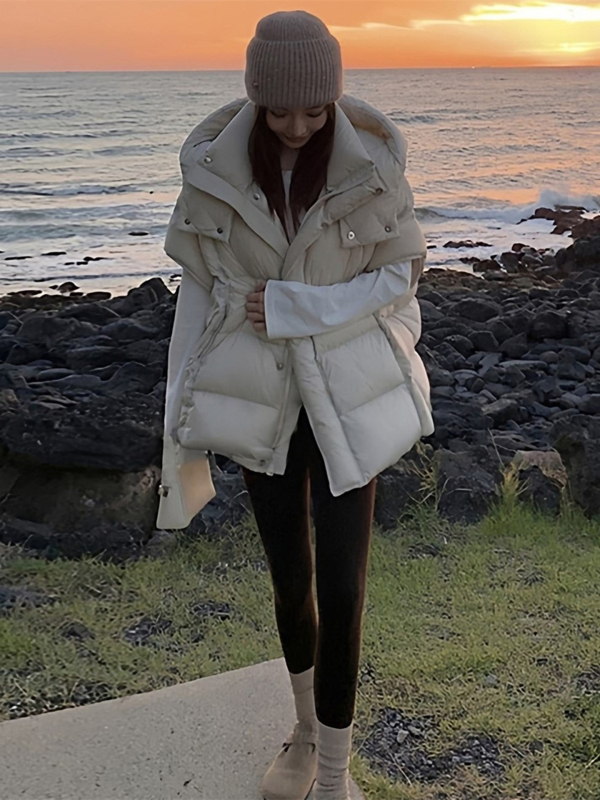 Moteriška pūkinė liemenė su stačiu kaklu ir užtrauktuku, elegantiškas miesto stilius, organinis medvilnės mišinys 50-70%