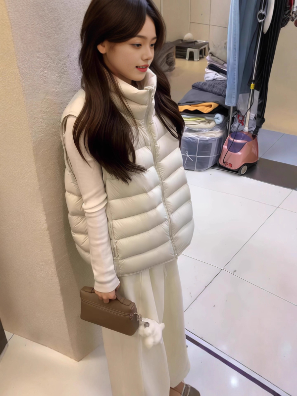 Moteriška pūkinė liemenė su stoviu kaklu, užtrauktukas, poliesterio audinys, laisvas kirpimas, Žiema 2025