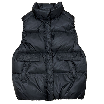 Ženski prsluk s perjem, stojeći ovratnik, kopčanje na jednu kopču, standardna duljina 50–65 cm, regenerirano celulozno vlakno, sadržaj perja 81–85%