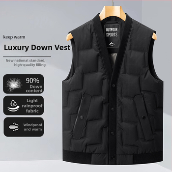 Unisex dūnu veste — stāvošs apkaklis, rāvējslēdzējs, bez piedurknēm, minimālistisks vienkrāsains dizains; pildījums: baltais pīļu pūks (58 fill power), plāns griezums, cieši piegulošs siluets