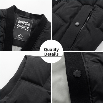 Unisex dūnu veste — stāvošs apkaklis, rāvējslēdzējs, bez piedurknēm, minimālistisks vienkrāsains dizains; pildījums: baltais pīļu pūks (58 fill power), plāns griezums, cieši piegulošs siluets