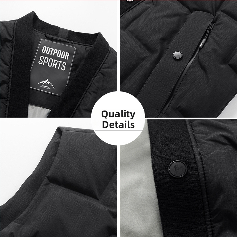 Unisex dūnu veste — stāvošs apkaklis, rāvējslēdzējs, bez piedurknēm, minimālistisks vienkrāsains dizains; pildījums: baltais pīļu pūks (58 fill power), plāns griezums, cieši piegulošs siluets