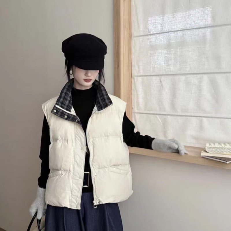 Vestas su medvilnės įdaru, stovimas apykaklė, laisvas kirpimas, be rankovių, kasdienis stilius