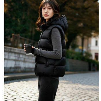 Ženska down vest s najlonom; punilo: bijeli goose down; debljina: debela; kapacitet punjenja: 101–200 g; duljina: obična (50–65 cm)