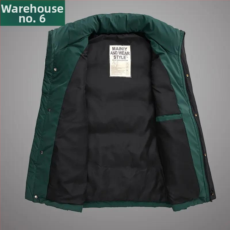 Pūkas veste ar stāvošu apkakli, priekšējais rāvējslēdzējs, pūkas saturs 66–70%, pildījums 100–150 g, brīvs griezums